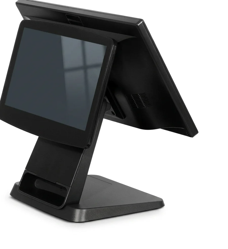 A countertop register with a second screen facing the customer and a card reader at its base
