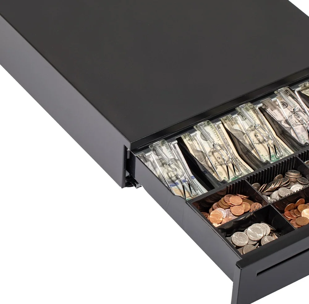An open cash drawer with a sorted bill and coin tray