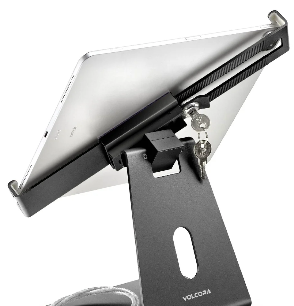 An iPad register mounted in a locking counter stand