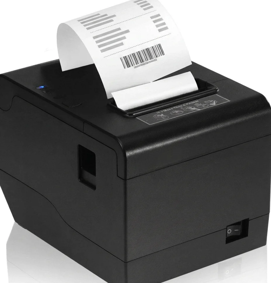 A thermal receipt printer with a printed receipt
