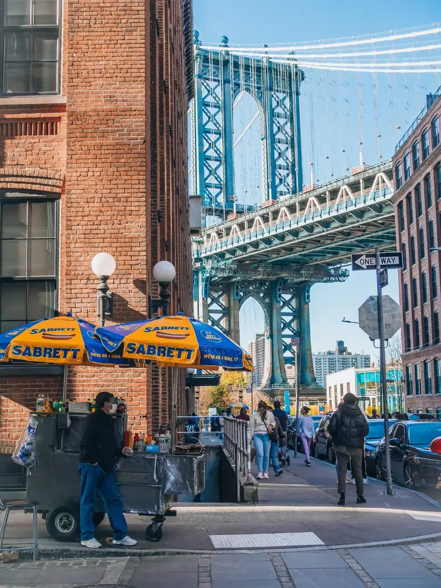 A New York City street under the Manhattan Bridge