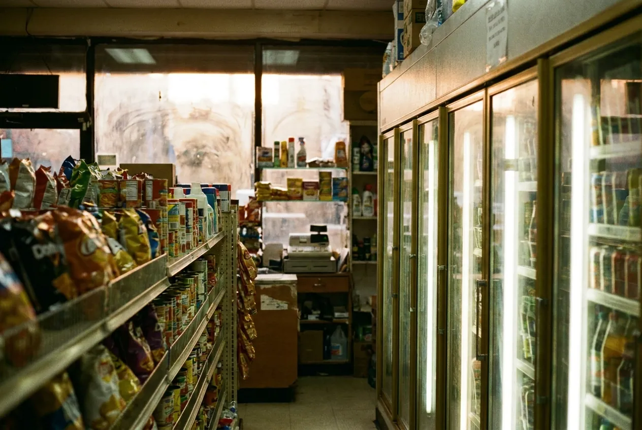 A packed bodega aisle with snack shelves and glowing drink fridges