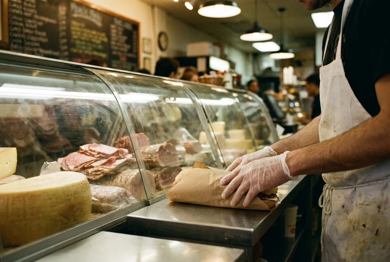 A deli worker wrapping a sandwich behind the counter glass