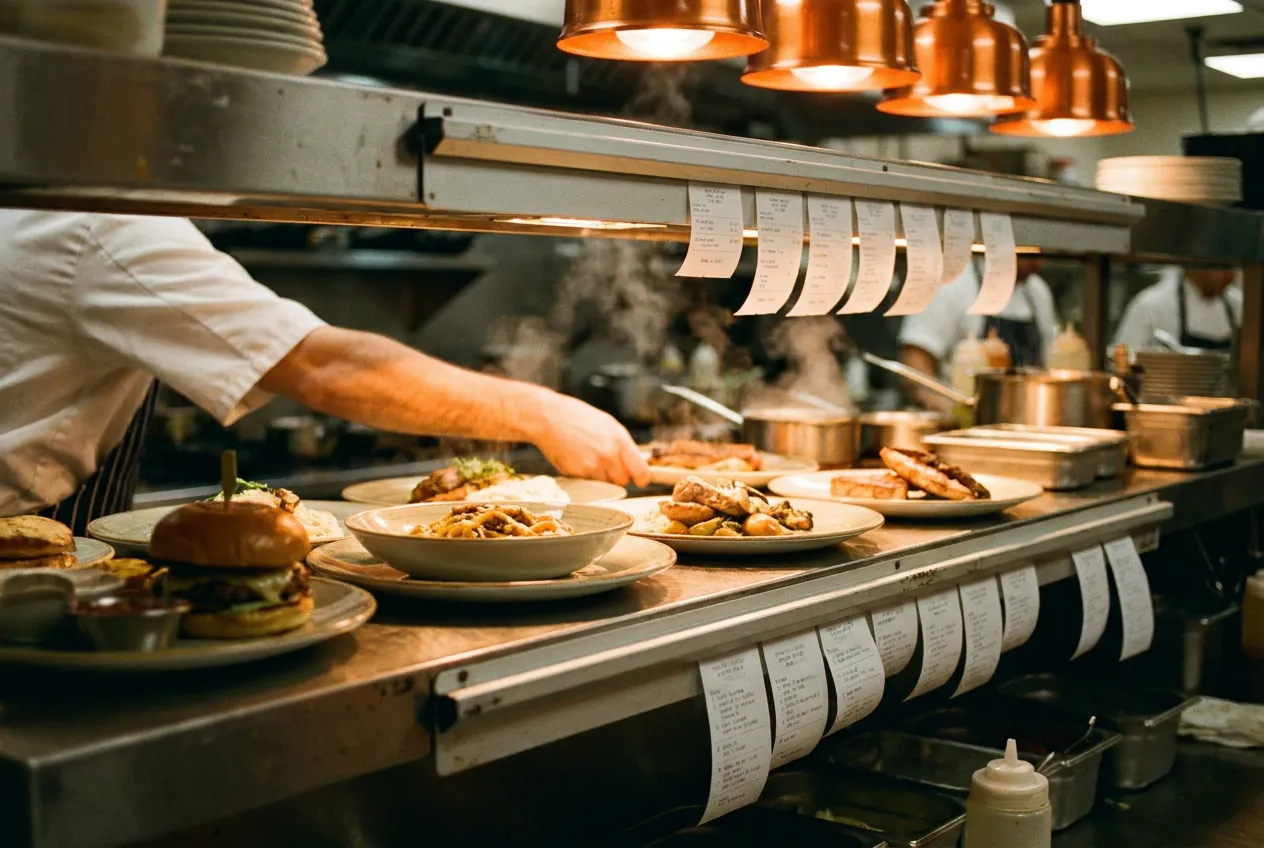 Order tickets and plated dishes on a restaurant kitchen pass