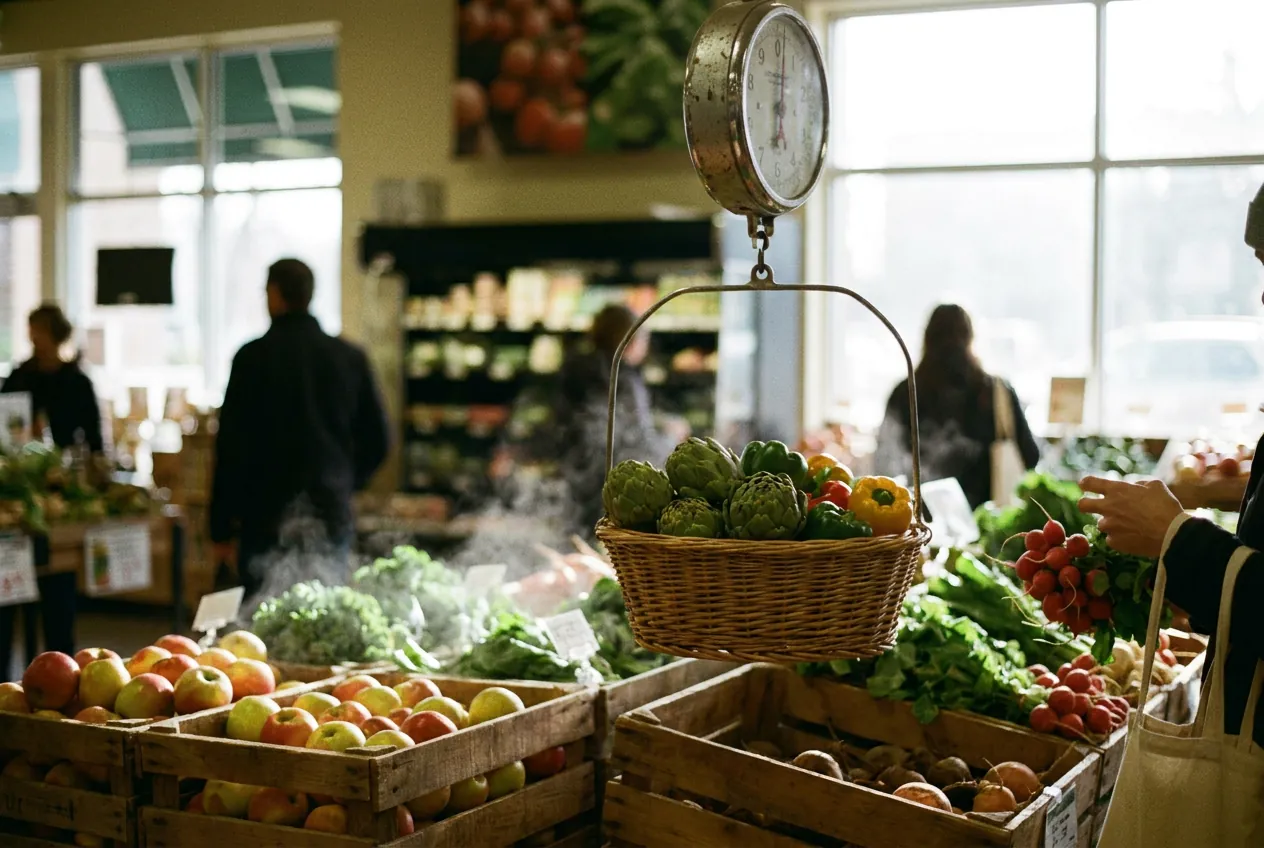 A hanging produce scale over crates of fresh vegetables