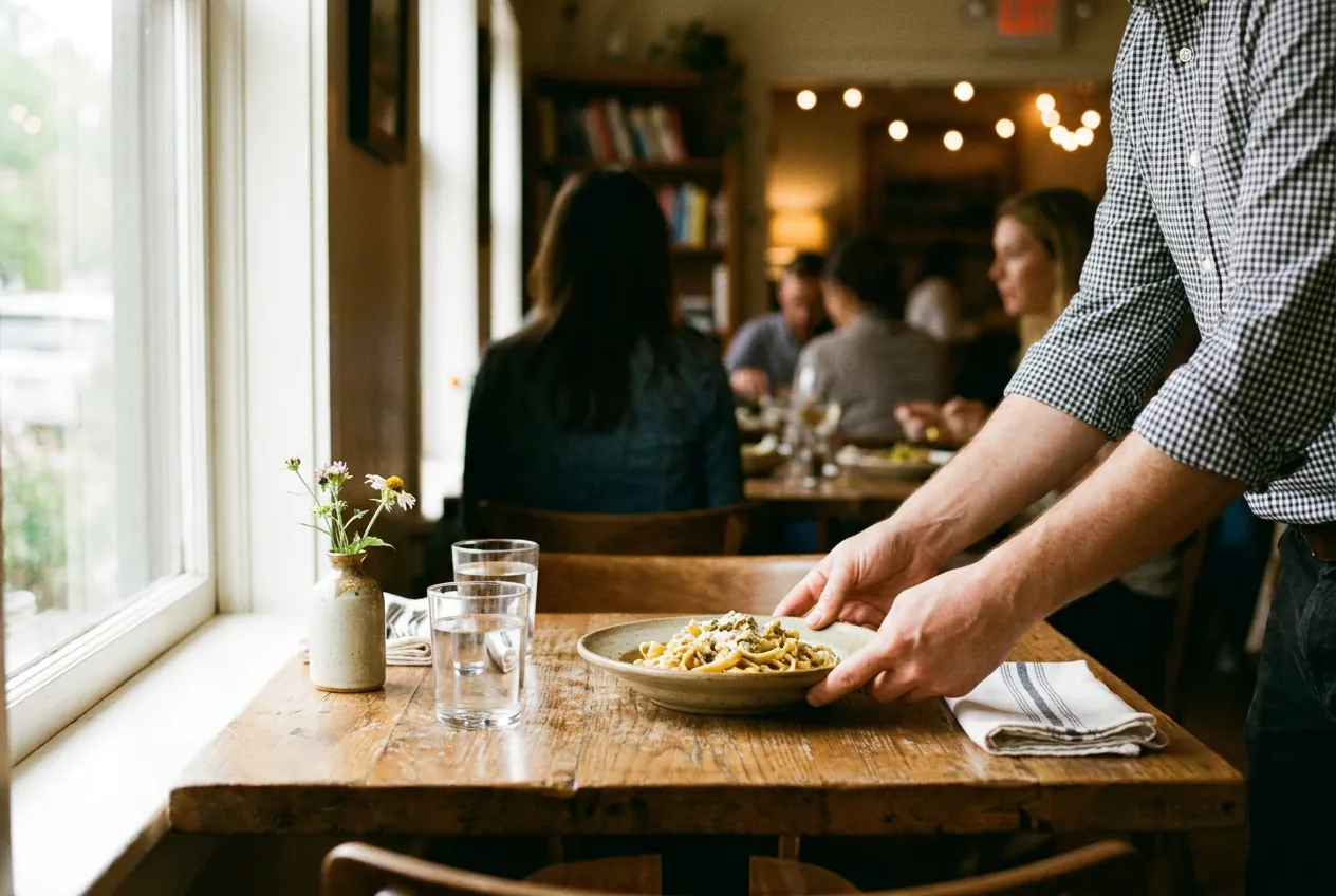 A server setting a plated dish on a restaurant table