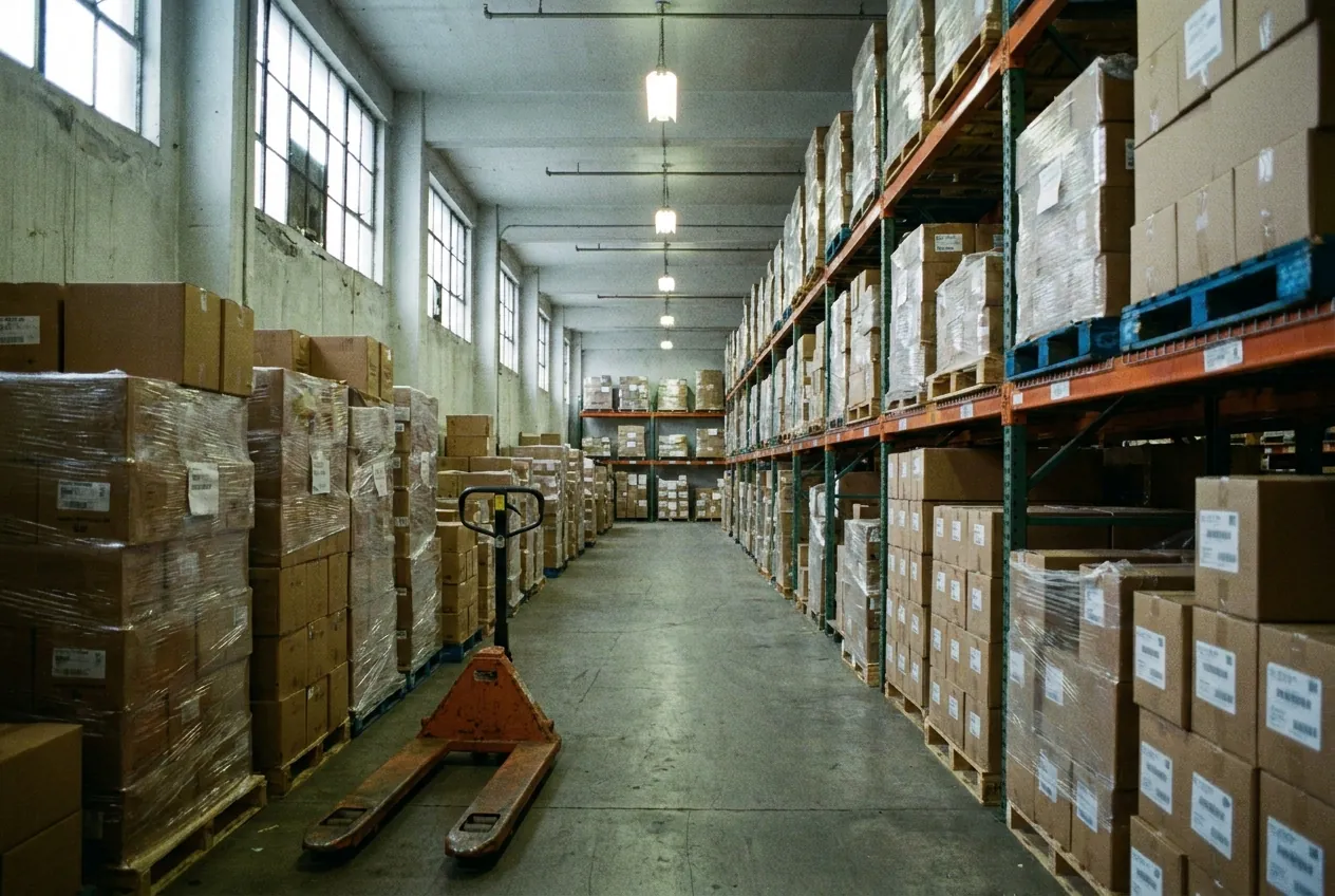 A pallet jack in a wholesale warehouse aisle